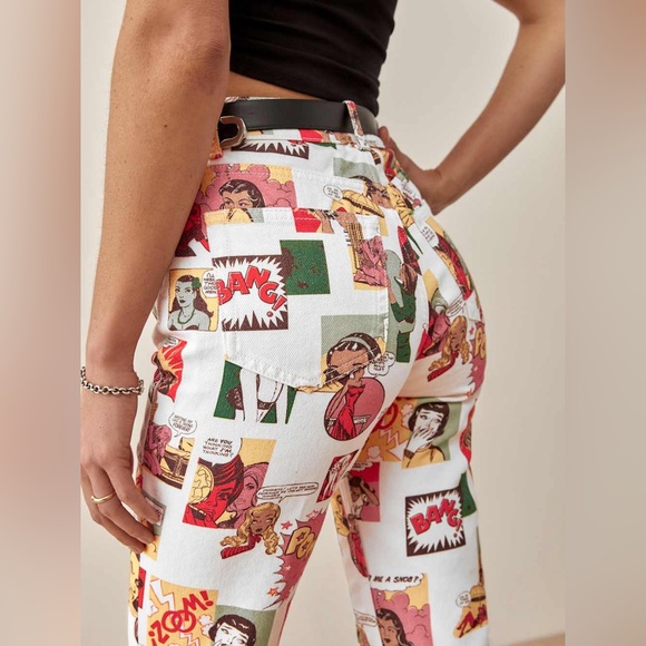 Reformation Comic High Rise Straight Jeans Pop Art Print Sz 26 Organic Cotton - Picture 7 of 17